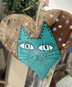 Mango houten hart met handgeschilderde kat kerstversiering 4