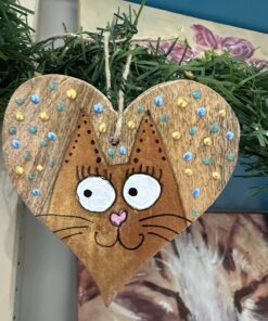 Mango houten hart met handgeschilderde kat kerstversiering 6
