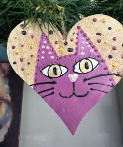Mango houten hart met handgeschilderde kat kerstversiering 8