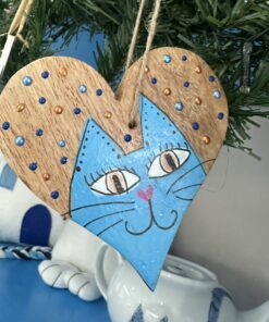 Mango houten hart met handgeschilderde kat kerstversiering 7