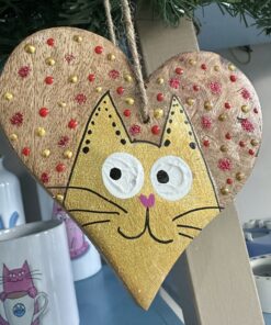 Mango houten hart met handgeschilderde kat kerstversiering 1