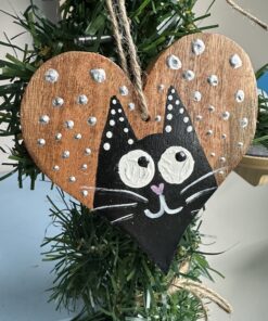 Mango houten hart met handgeschilderde kat kerstversiering 2