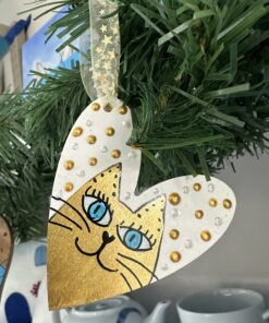 Hartvormige kerstversiering met handgeschilderde kat 1