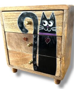Uniek mini ladekastje van mango hout met zwarte kat