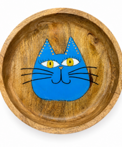 Ronde mango houten schaal met blauwe kat